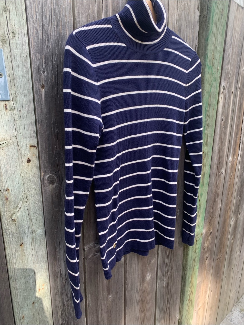Lauren Ralph Lauren Navy Blue White Striped Ribbed Turtleneck Sweater Sz L Gold